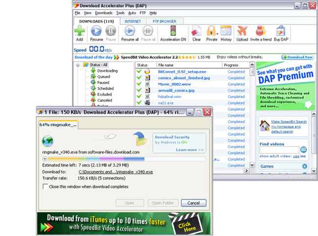 Download Accelerator Plus (DAP) 8.7 - is the leading download manager with over 160 million registered users worldwide. DAP leverages patented technology, 